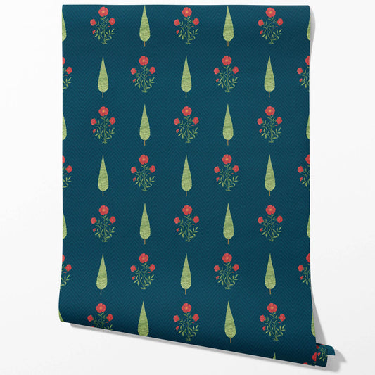 Botanical/ Floral Block Print Traditional Wallpaper Sample (Teal Blue/ Red/ Green)