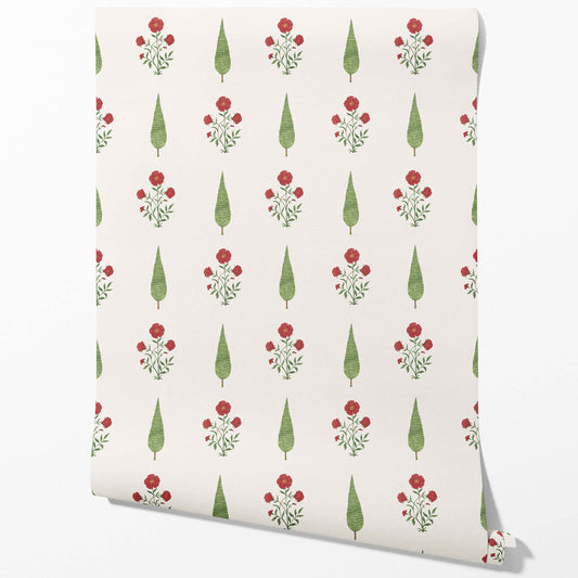 Botanical/ Floral Block Print Traditional Wallpaper Sample (White/ Red/ Green)