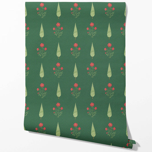 Botanical/ Floral Block Print Traditional Wallpaper Sample (Emerald Green/ Red)
