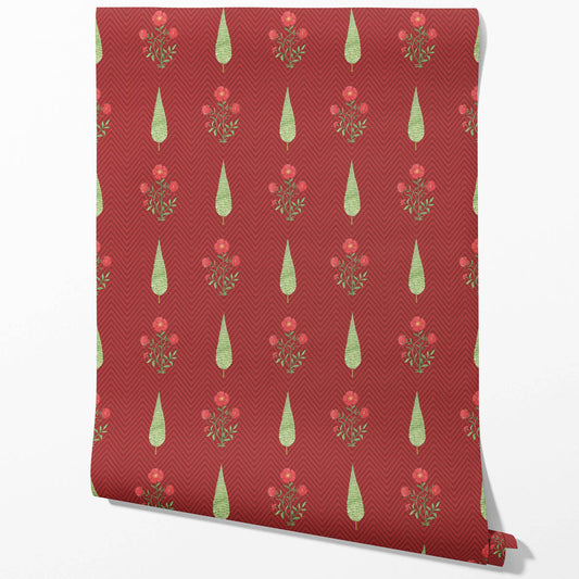 Botanical/ Floral Block Print Traditional Wallpaper Sample (Red/ Pink/ Green)