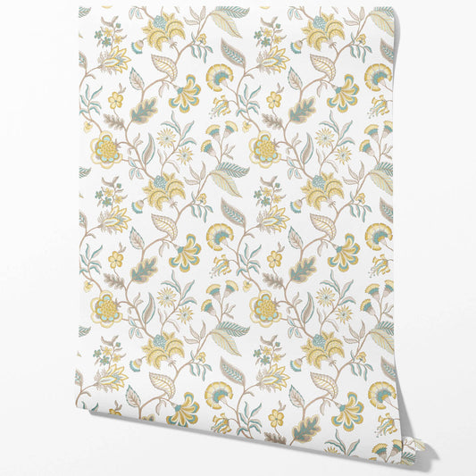 Botanical/ Floral Chinoiserie Traditional Wallpaper Sample (Yellow/ Blue/ Beige)