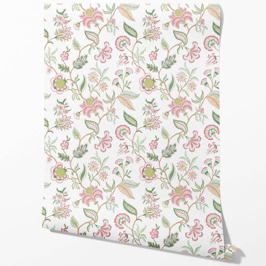 Botanical/ Floral Chinoiserie Traditional Wallpaper Sample (Pink/ Green/ Blue)