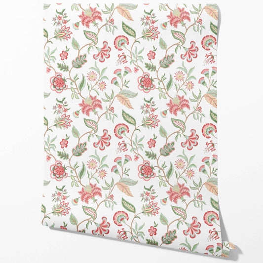 Botanical/ Floral Chinoiserie Traditional Wallpaper Sample (Red/ Pink/ Green/ Blue)