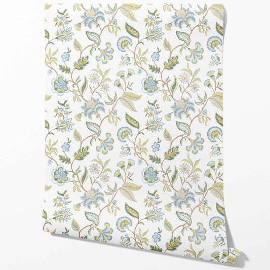 Botanical/ Floral Chinoiserie Traditional Wallpaper Sample (Blue/ Green/ Yellow)