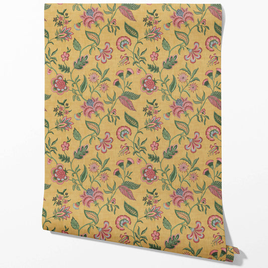 Botanical/ Floral Chinoiserie Traditional Wallpaper Sample (Mustard Yellow/ Pink/ Green/ Blue)