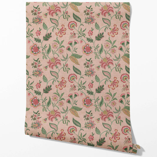 Botanical/ Floral Chinoiserie Traditional Wallpaper Sample (Blush Pink/ Green/ Red/ Blue)