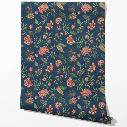 Botanical/ Floral Chinoiserie Traditional Wallpaper Sample (Navy Blue/ Pink/ Green/ Red)