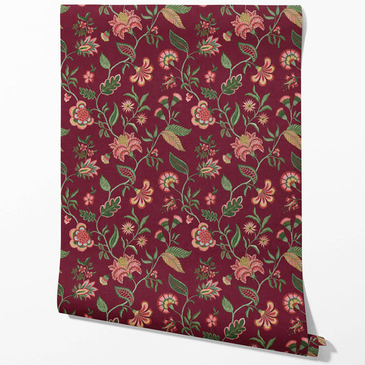 Botanical/ Floral Chinoiserie Traditional Wallpaper Sample (Maroon/ Red/ Pink/ Green)