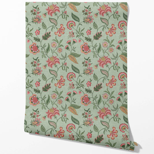 Botanical/ Floral Chinoiserie Traditional Wallpaper Sample (Sage Green/ Pink/ Red/ Blue)