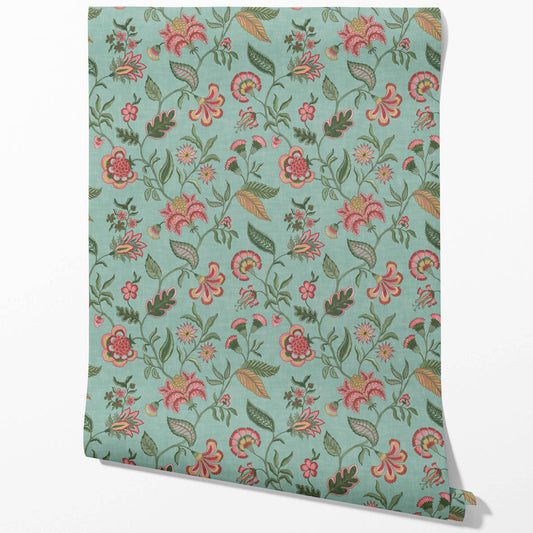 Botanical/ Floral Chinoiserie Traditional Wallpaper Sample (Blue-Green/ Pink/ Red)