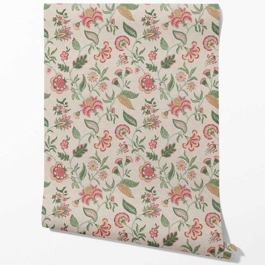 Botanical/ Floral Chinoiserie Traditional Wallpaper Sample (Soft Pink/ Green/ Red/ Blue)