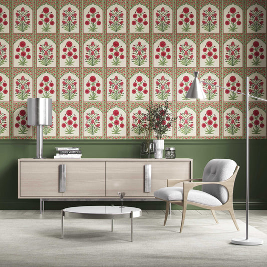 Vintage Ethnic Floral Block Print Traditional Wallpaper Sample (Red/ Pink/ Green)