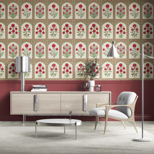 Vintage Ethnic Floral Block Print Traditional Wallpaper Sample (Red/ Pink/ Green)