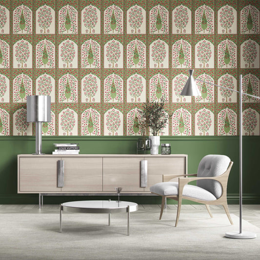 Vintage Ethnic Floral Block Print Traditional Wallpaper Sample (Pink/ Red/ Green)