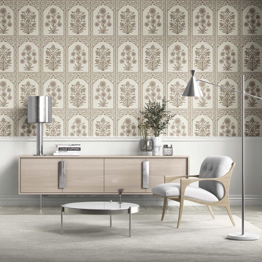 Neutral Vintage Ethnic Floral Block Print Traditional Wallpaper Sample (Beige/ Taupe/ Cream)