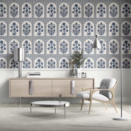 Vintage Ethnic Floral Block Print Traditional Wallpaper Sample (Navy Blue/ Cream)