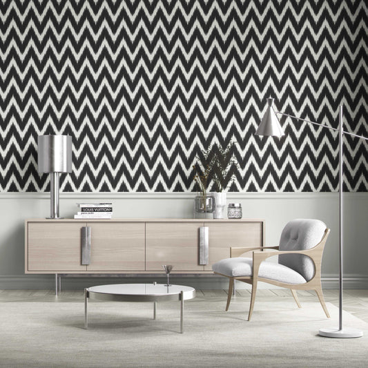 Neutral Chevron/ Zigzag Geometric Traditional Wallpaper Sample (Black/ White)