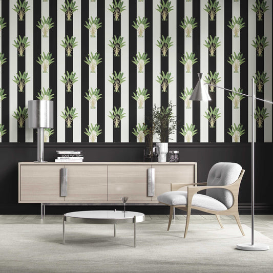 Geometric Floral Striped Traditional Wallpaper (Black/ White/ Green)