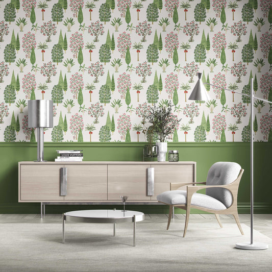Bohemian Botanical Floral Block Print Traditional Wallpaper Sample (Green/ Pink/ Red/ White)