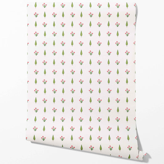 Botanical Floral Block Print Traditional Wallpaper Sample (Pink/ Green)