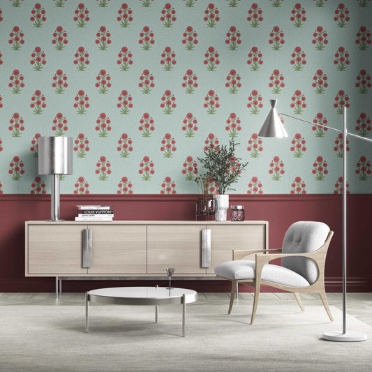 Botanical Floral Block Print Traditional Wallpaper Sample (Blue/ Red-Pink/ Green)