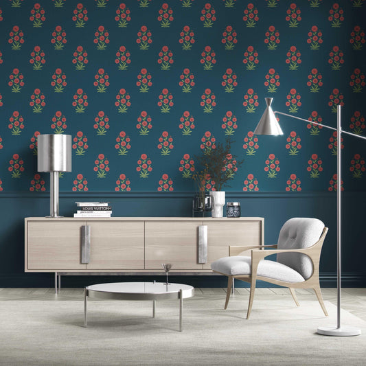 Botanical Floral Block Print Traditional Wallpaper Sample (Teal Blue/ Red-Pink/ Green)