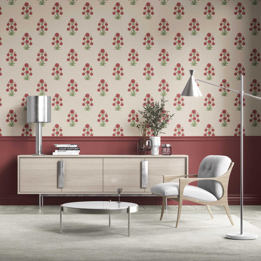 Botanical Floral Block Print Traditional Wallpaper Sample (Red/ Beige/ Green)