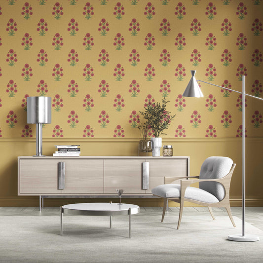 Botanical Floral Block Print Traditional Wallpaper Sample (Yellow/ Red-Pink/ Green)