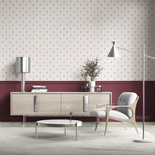 Vintage-Inspired Floral Block Print Traditional Wallpaper Sample (White/ Pink/ Green)