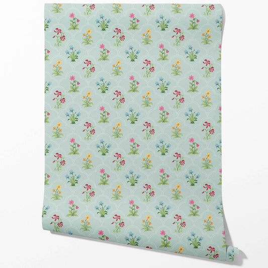 Vintage-Inspired Floral Block Print Traditional Wallpaper Sample (Duck Egg Blue/ Pink/ Red/ Yellow/ Green)