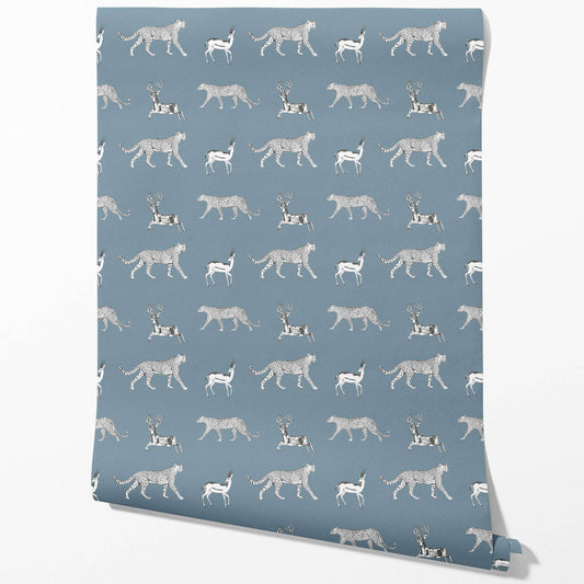 Leopard Animal Print Traditional Wallpaper Sample (Slate Blue/ White)