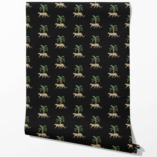 Leopard Animal Print Traditional Wallpaper Sample (Black/ Tan/ Red/ Green)