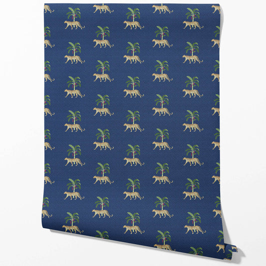 Leopard Animal Print Traditional Wallpaper Sample (Navy Blue/ Green/ Red/ Tan)