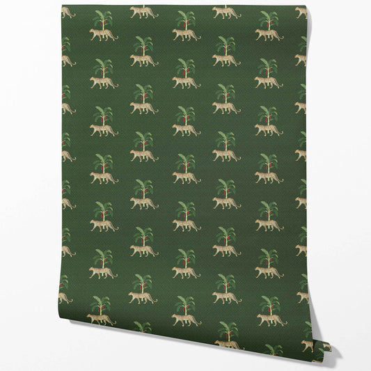 Leopard Animal Print Traditional Wallpaper Sample (Green/ Red/ Tan)