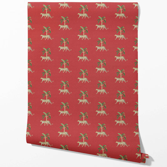 Leopard Animal Print Traditional Wallpaper Sample (Red/ Green/ Tan)