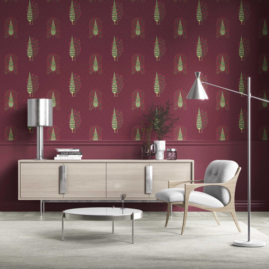 Botanical/ Floral Print Traditional Wallpaper Sample (Maroon/ Red/ Pink/ Green)