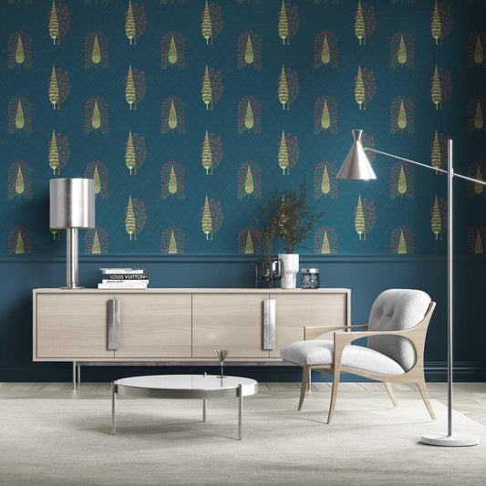 Botanical/ Floral Print Traditional Wallpaper Sample (Teal Blue/ Pink/ Green)