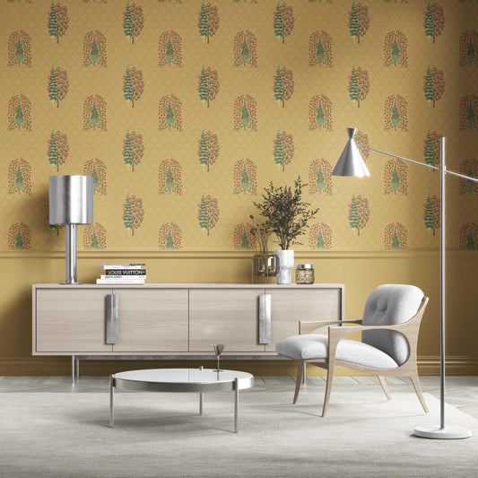 Botanical/ Floral Print Traditional Wallpaper Sample (Yellow/ Pink/ Green)