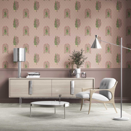 Botanical/ Floral Print Traditional Wallpaper Sample (Blush Pink/ Green)