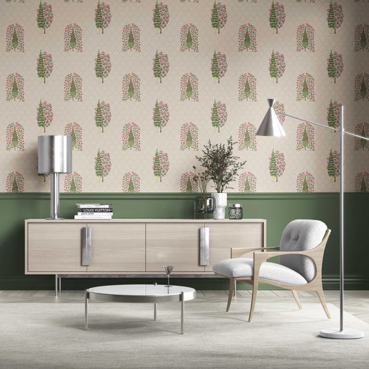 Botanical/ Floral Print Traditional Wallpaper Sample (Beige/ Pink/ Green)