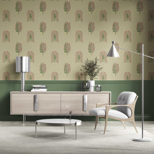 Botanical/ Floral Print Traditional Wallpaper Sample (Olive Green/ Pink)