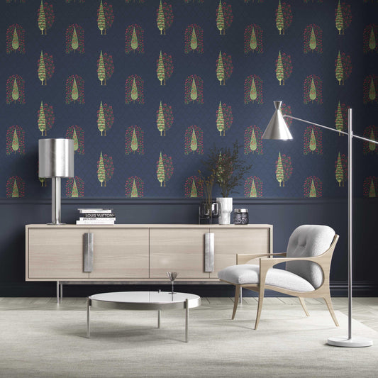 Botanical/ Floral Print Traditional Wallpaper Sample (Navy Blue/ Pink/ Green)