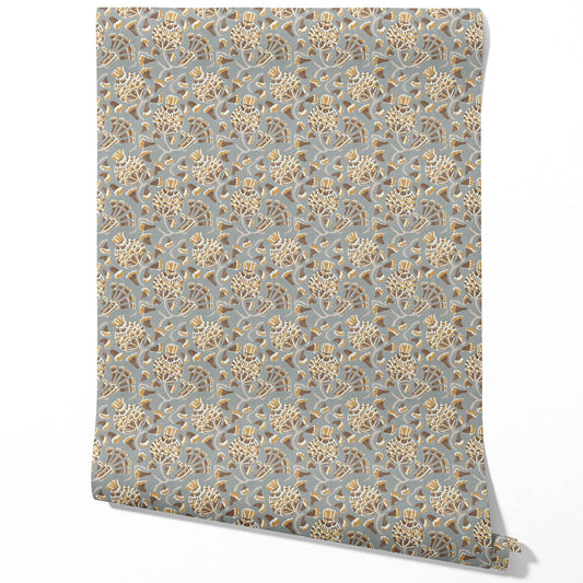 Modern Floral/ Botanical Traditional Wallpaper Sample (Blue-Gray/ Brown/ Gold/ Beige)