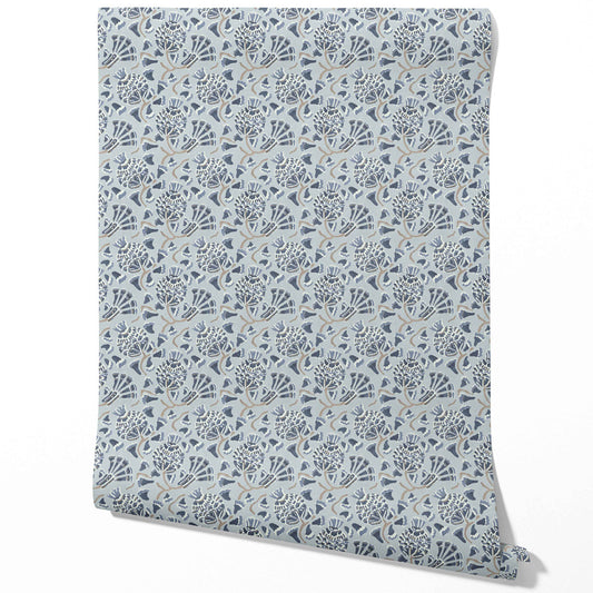 Modern Floral/ Botanical Traditional Wallpaper Sample (Slate Blue/ Gray)
