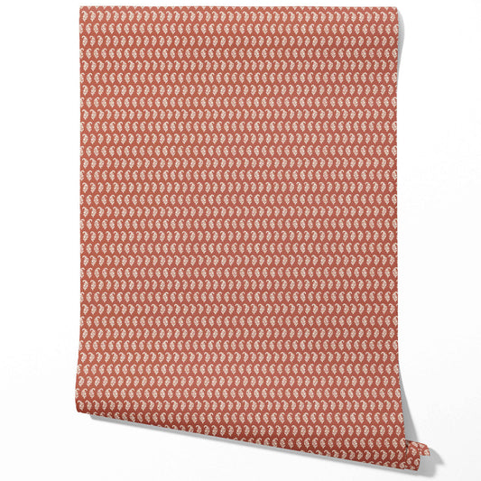 Small Paisley Floral Patterned Print Traditional Wallpaper Sample (Brick Red/ White)
