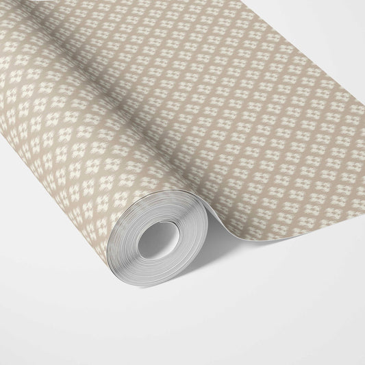 Neutral Small Geometric Ikat-Style Floral Block Print Traditional Wallpaper Sample (Beige/ Brown/ Cream)