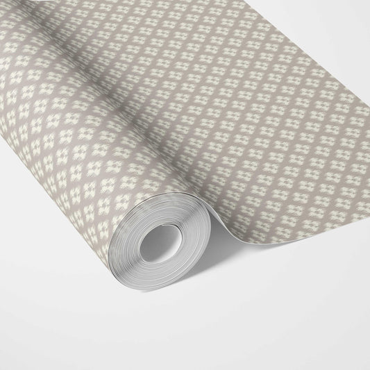 Neutral Small Geometric Ikat-Style Floral Block Print Traditional Wallpaper Sample (Gray/ White)
