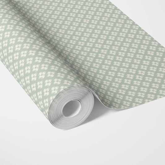 Small Geometric Ikat-Style Floral Block Print Traditional Wallpaper Sample (Duck Egg Blue/ White)