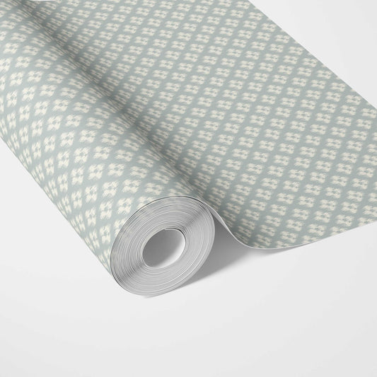 Small Geometric Ikat-Style Floral Block Print Traditional Wallpaper Sample (Duck Egg Blue/ White)