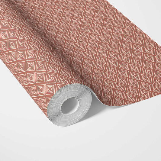 Small Diamond Lattice/ Textured Check Traditional Wallpaper Sample (Terracotta Red/ White)